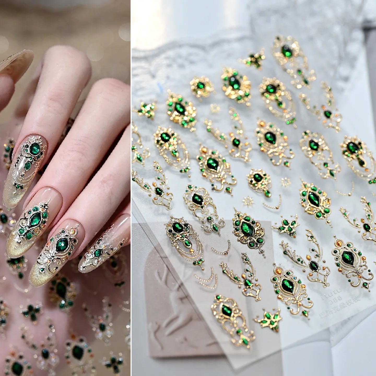 5D Luxurious Emerald Ruby Baroque Scepter Nail Stickers Shiny Palace Imitation Gemstone Jewelry Manicure DIY Decals Accessories