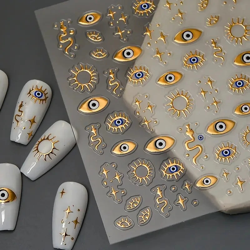 1pc 3D Eyes/Stars/Snake Designs Nail Stickers Angel Eye Nail Art Decor Golden & Blue Evil Eye Designs Manicure DIY Accessories *