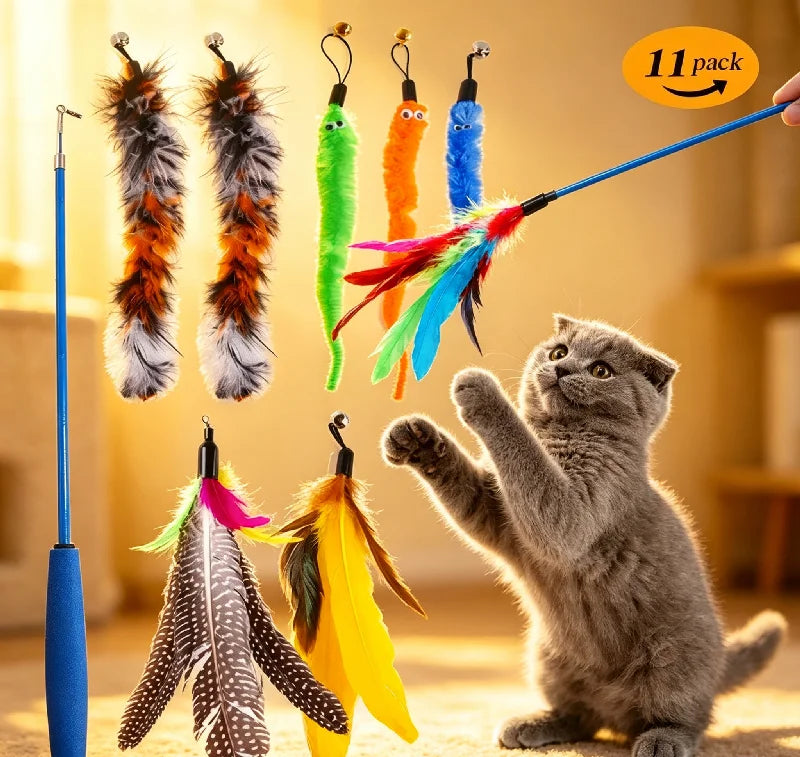 11Pcs Replacement Cat Feather Toy Set Feather Replacement Heads Fit Retractable Cat Wand Stick Pet Cat Supplies
