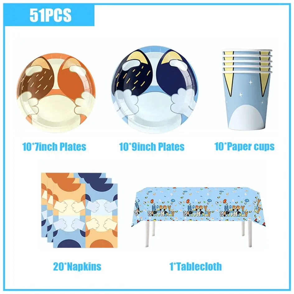 New Cartoon Cute Dog Birthday Party Decoration Kit Blue Dogs Theme Happy Birthday Plates Napkins Cups Tableware Supplies For Kid