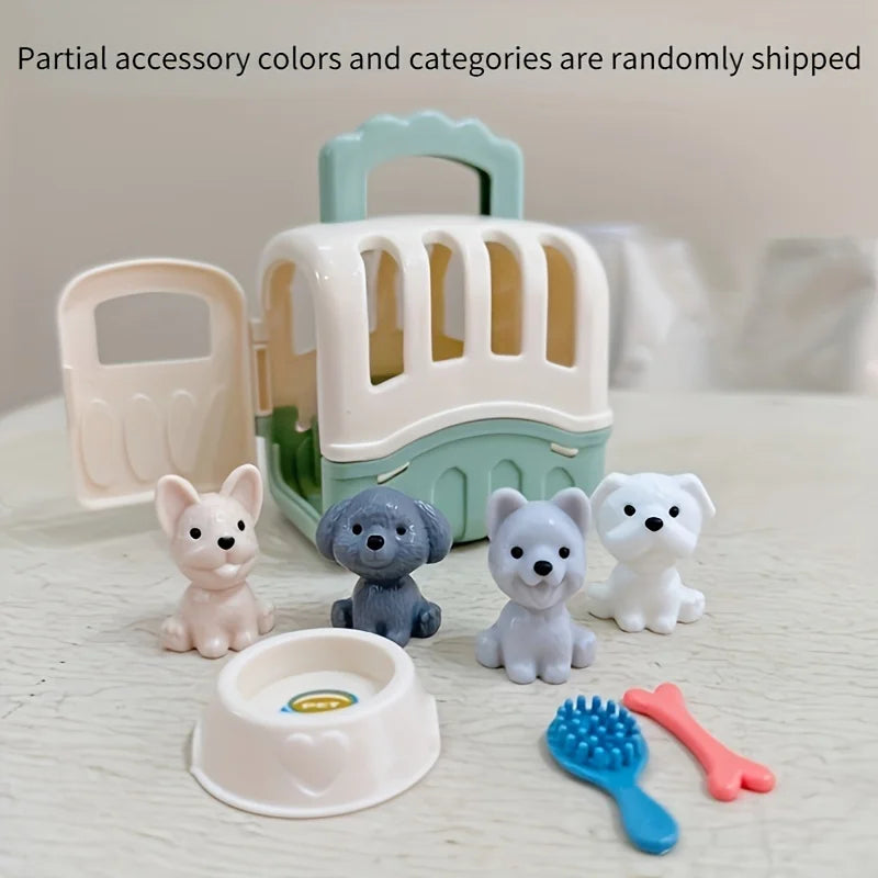 8pcs/set Cute Dog Pet Basket Family Toys Dog Doll Set Dog Cage Toys Scene Playing Toys Christmas Decoration  Gifts