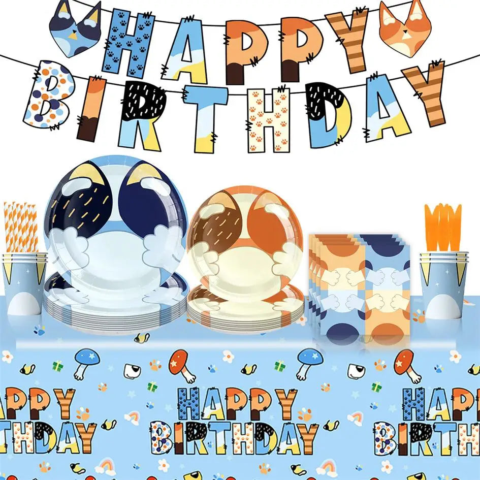 New Cartoon Cute Dog Birthday Party Decoration Kit Blue Dogs Theme Happy Birthday Plates Napkins Cups Tableware Supplies For Kid