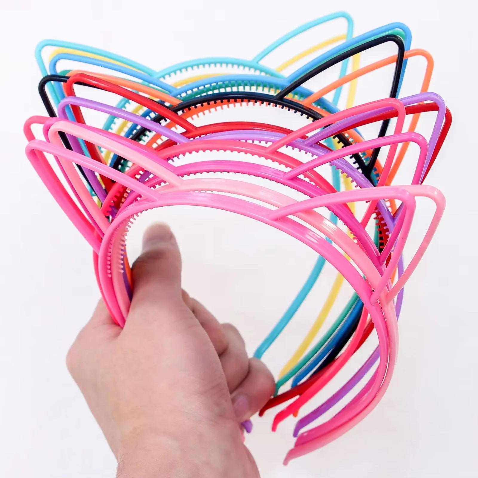 12PCS Kids Cat Ears Hairband Set Cute Solid Color Plastic Headband Tooth Outer Ear Accessory for Children Random Color