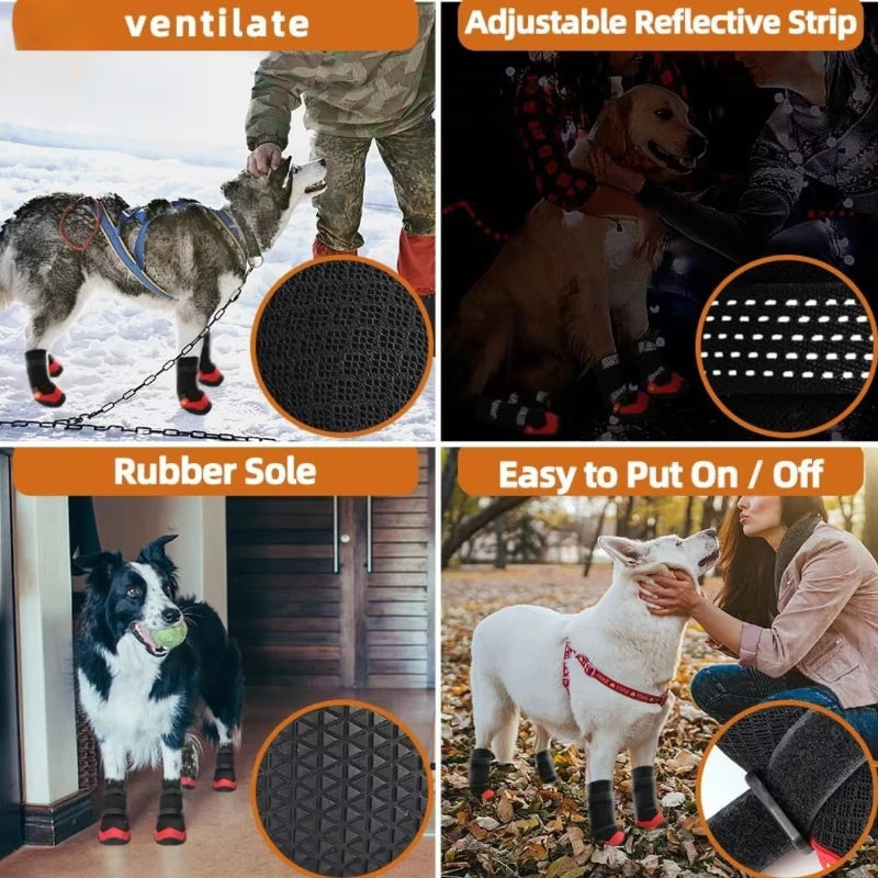 4pcs Breathable Dog Shoes Outdoor Rubber Dog Boots Breathable Warm Reflective Tape Dog Shoes Comfortable Non Slip Pet Product