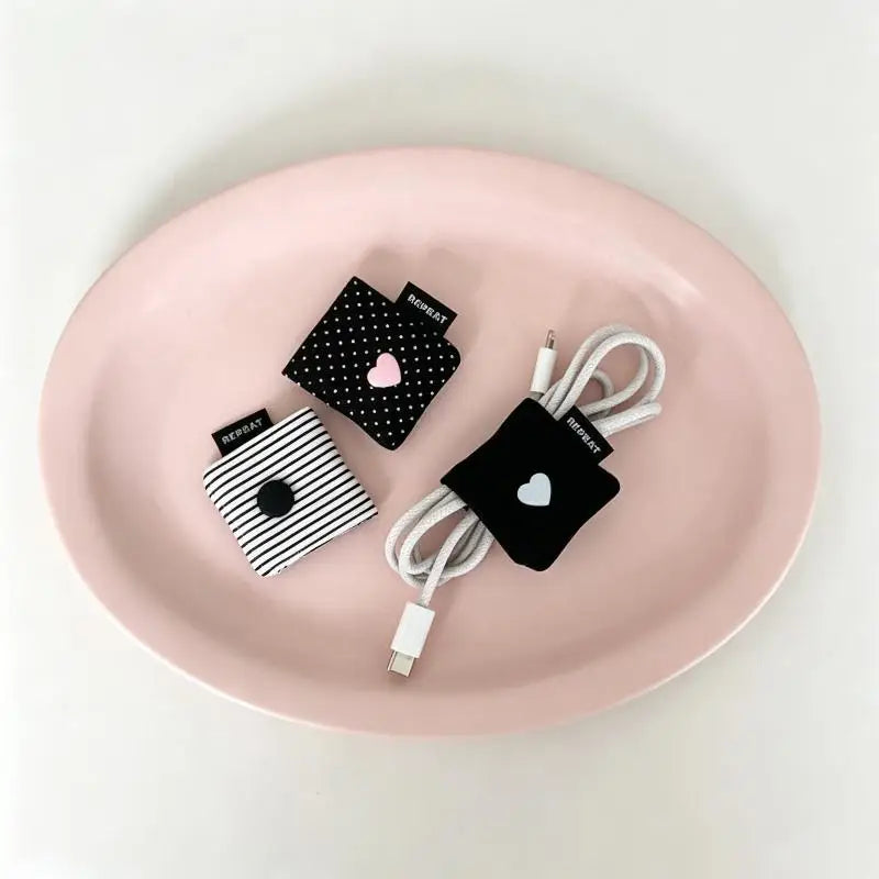 ^Earphone Decoration Accessories Handmade Fabric Cute Wave Dot Earphone Storage Bag Data Cable Organizer