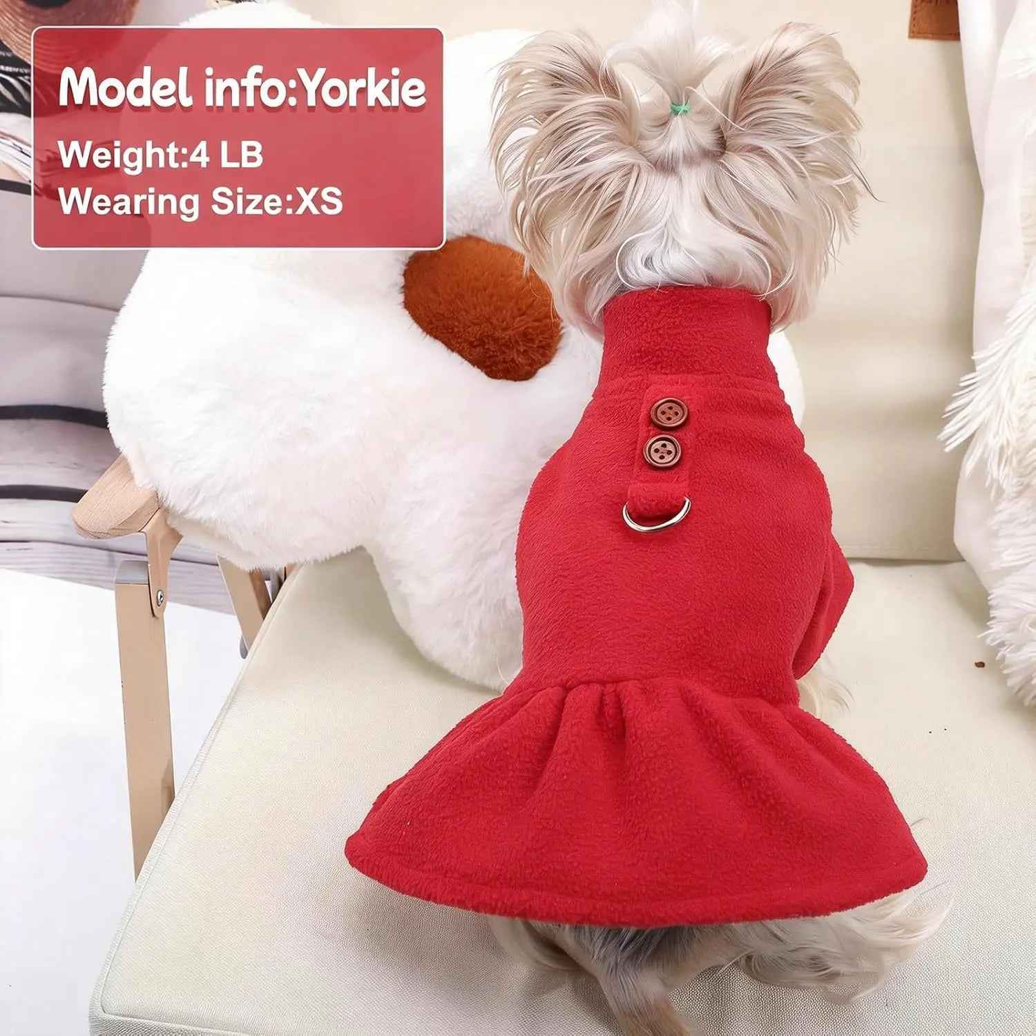 Small Dog Fleece Sweater Dress with Skirt & D-Ring Winter Puppy Outfit