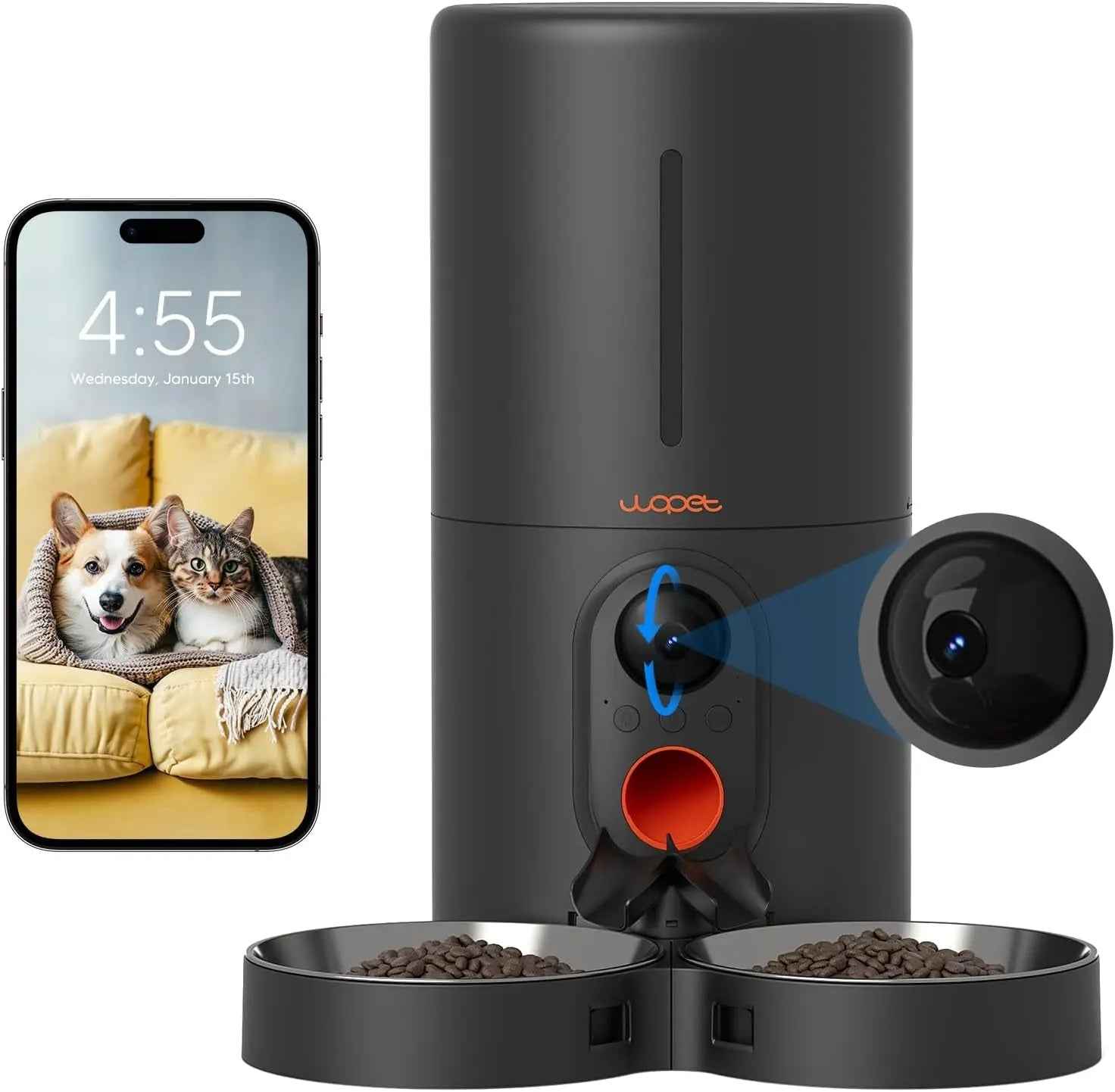 Smart Automatic Pet Feeder with Camera, WiFi 6L Dual Feeding & Two-Way Audio