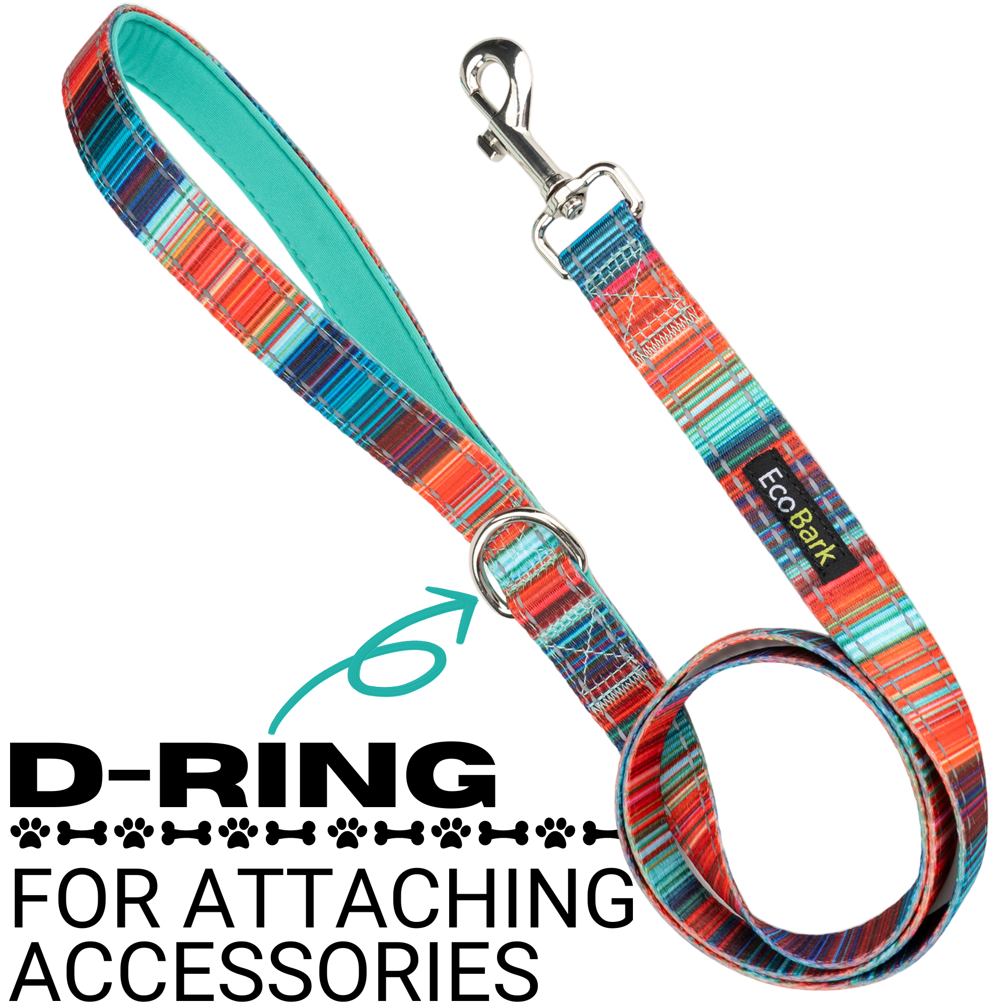 Stripe Dog Leash by EcoBark - Multicolor Padded Comfort Grip Leash - 4ft, 5ft, and 6ft Leash for Small and Medium Dogs