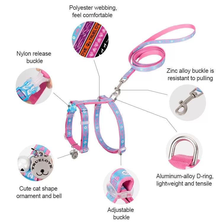 TrueLove Cat Harness and Leash Set - Securely/Comfortably Fits Most Size Cats TLH3912