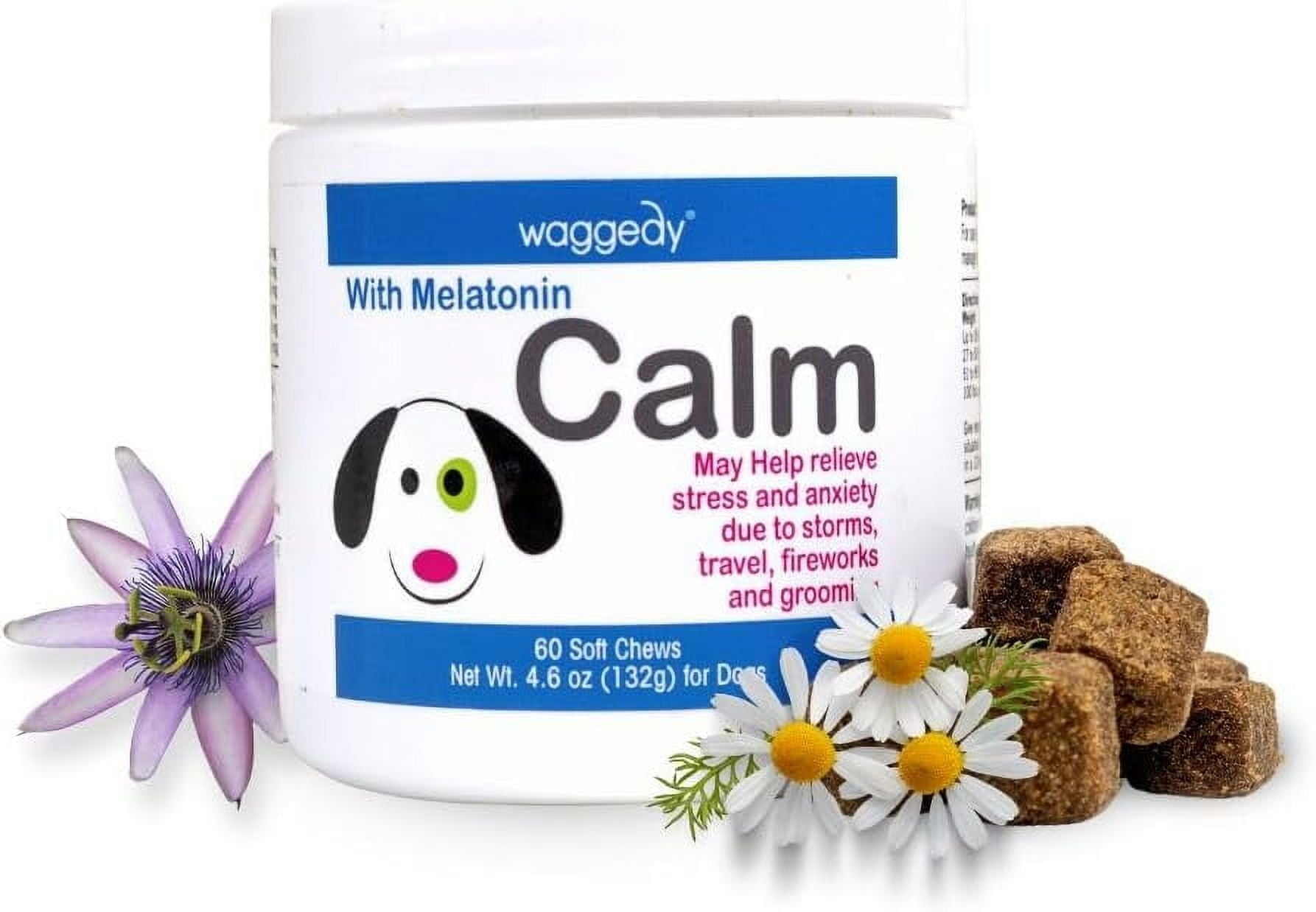 Waggedy Calm With Melatonin To Manage Stress & Anxiety Relief, Dog Supplements & Vitamins (60 Pet Calming Chews)