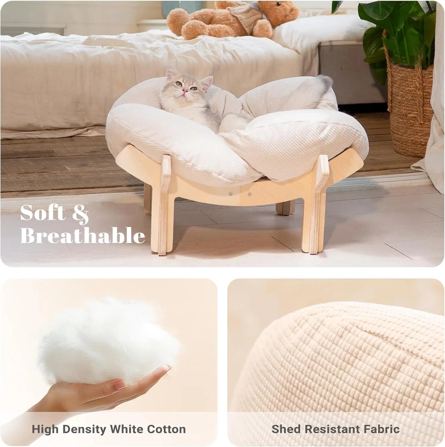 Wooden Cat & Puppies Elevated Pet Bed with Cushion – Modern Raised Pet Sofa