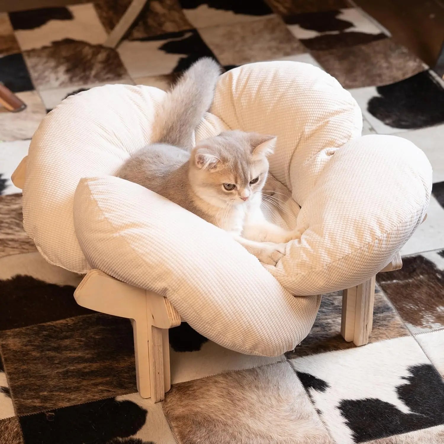 Wooden Cat & Puppies Elevated Pet Bed with Cushion – Modern Raised Pet Sofa