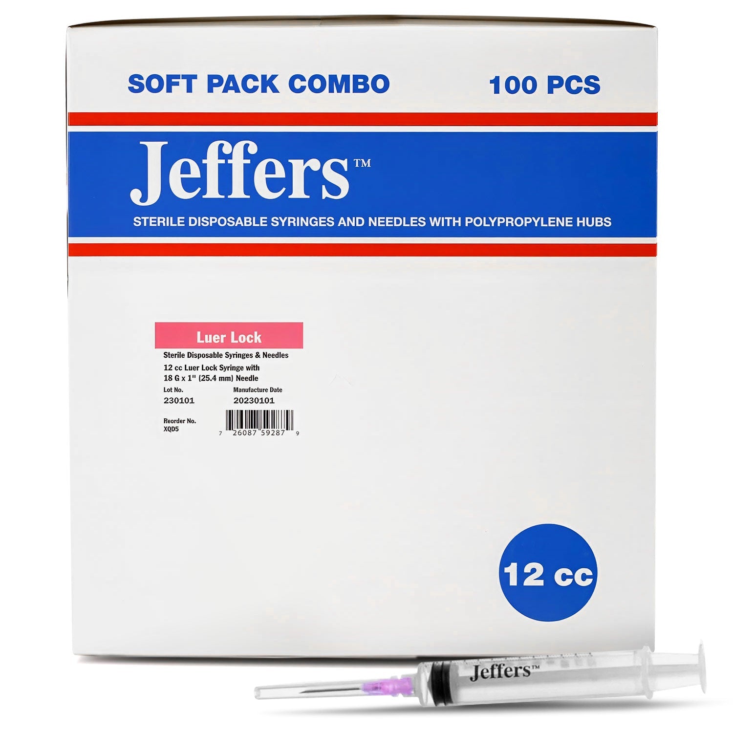 Jeffers Luer Lock (LL) Syringe/Needle Combo, Box of 100