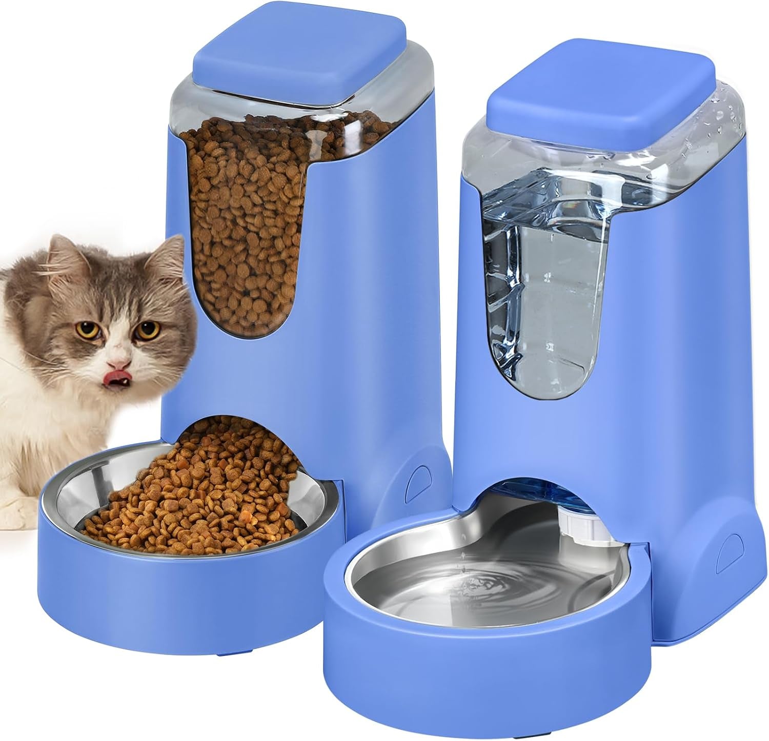 Automatic Cat Feeder & Water Dispenser Set, Steel Bowls, 1 Gallon