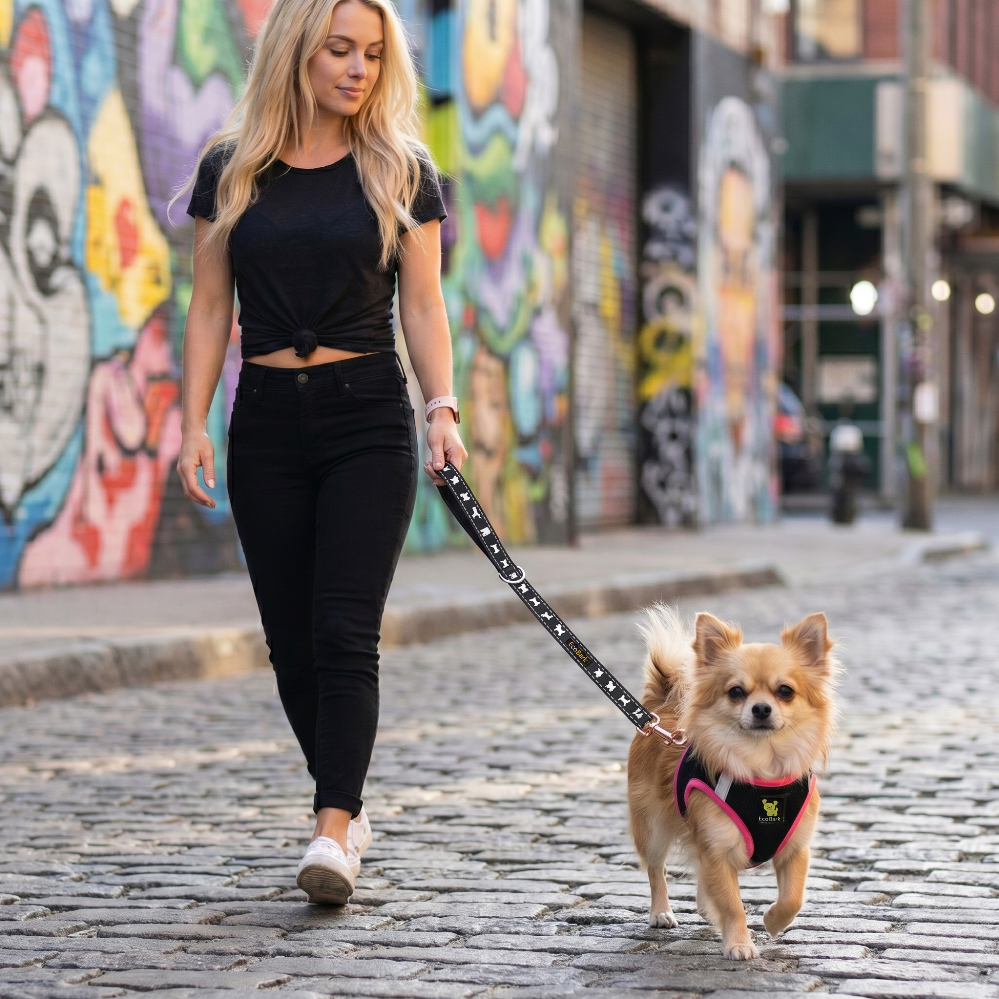 EcoBark Step In Dog Harness - Teacup & Small Breeds- Reflective Soft Mesh Harness for Teacup, Small Dogs and Puppies / Black w/ Pink Piping