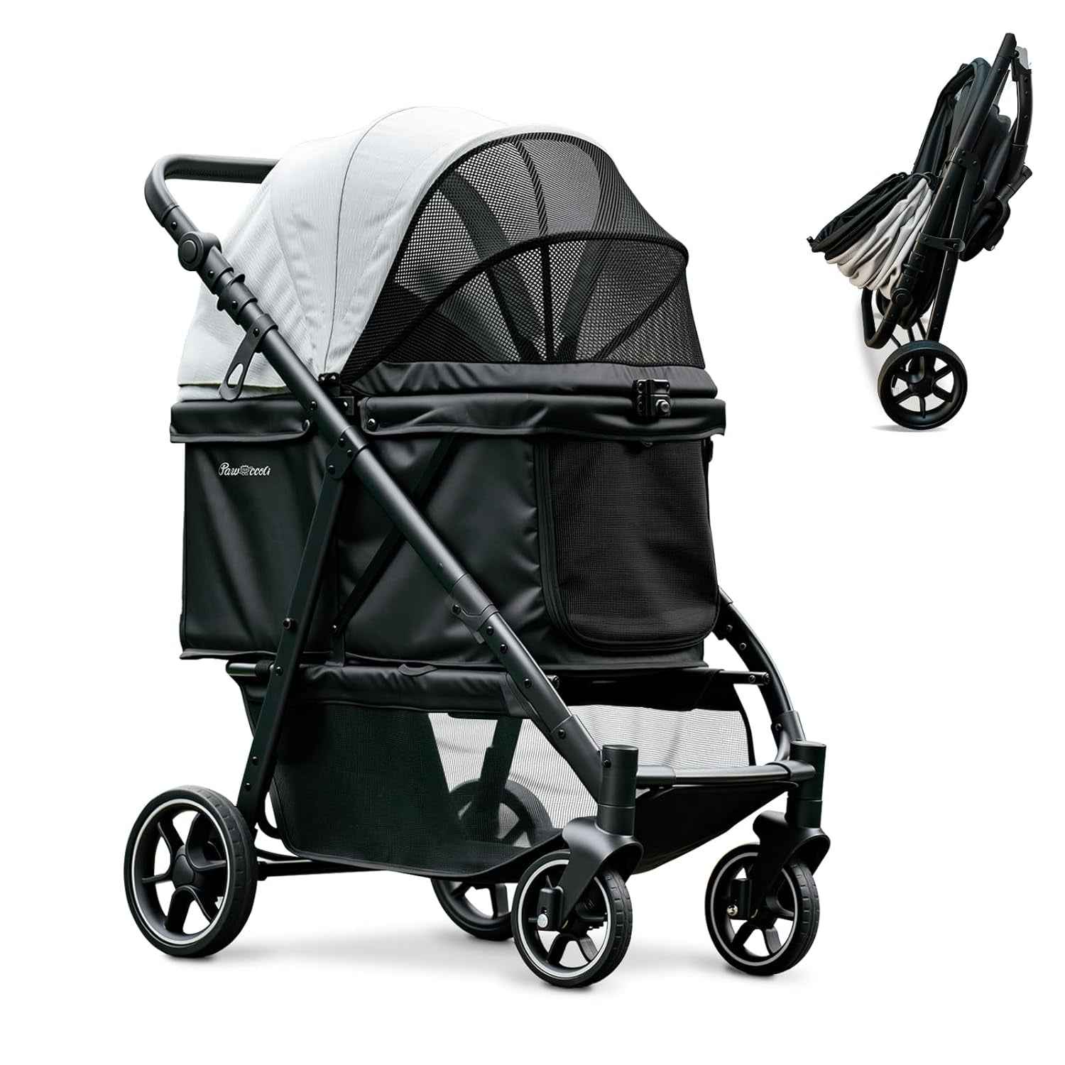 4-Wheel Foldable Pet Stroller with Removable Carrier, Black, 33lb