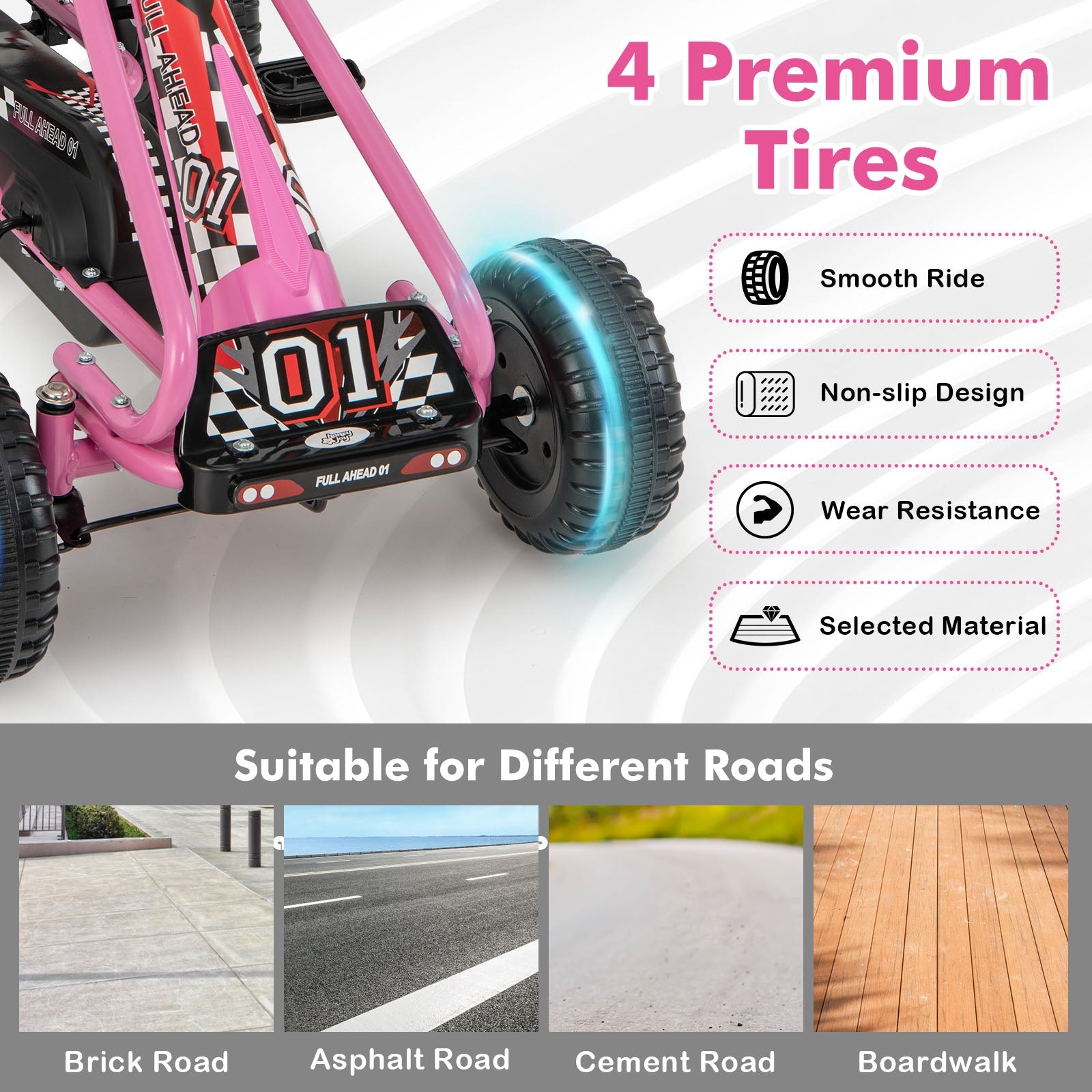4 Wheel Pedal Powered Ride On Car with Adjustable Seat-Pink