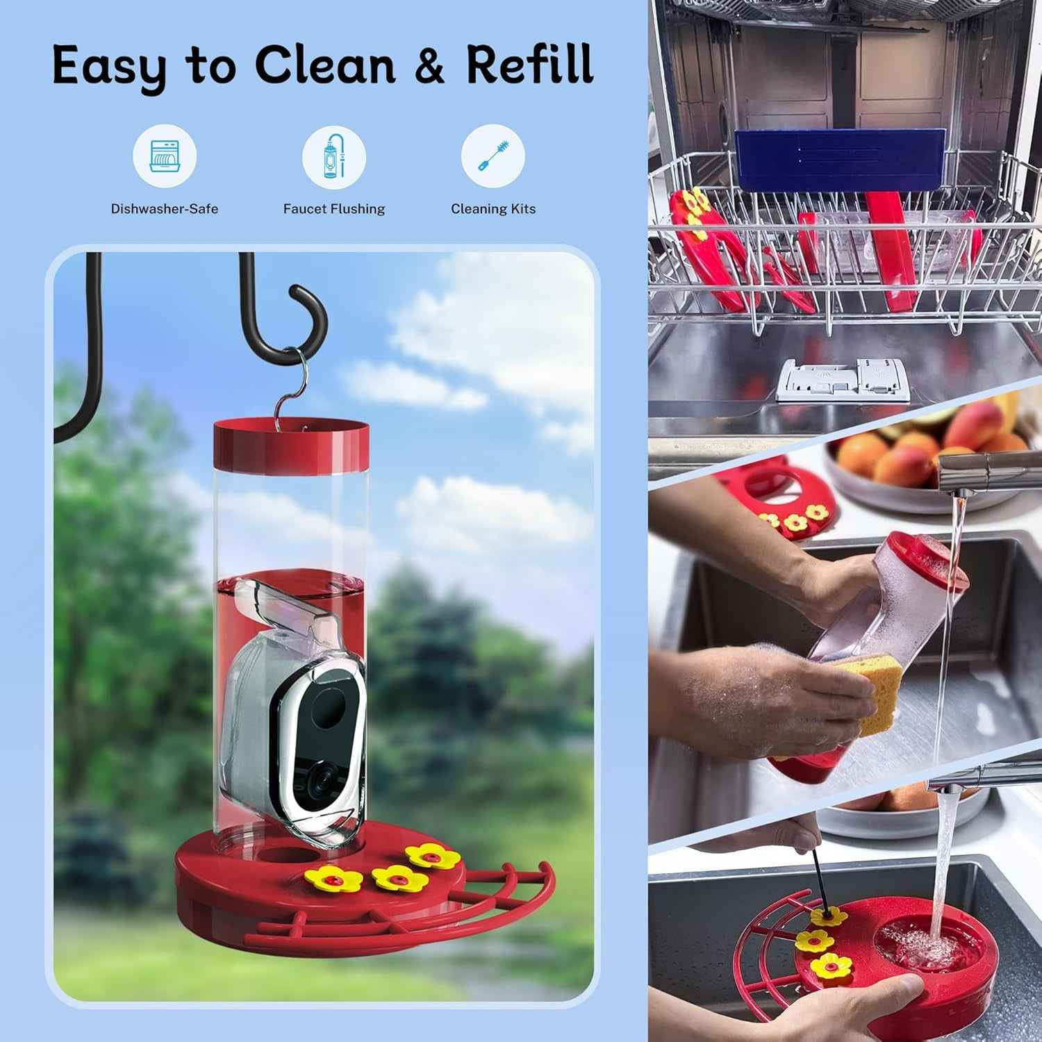 Solar WiFi Hummingbird Feeder Camera with AI Bird ID, 20 oz