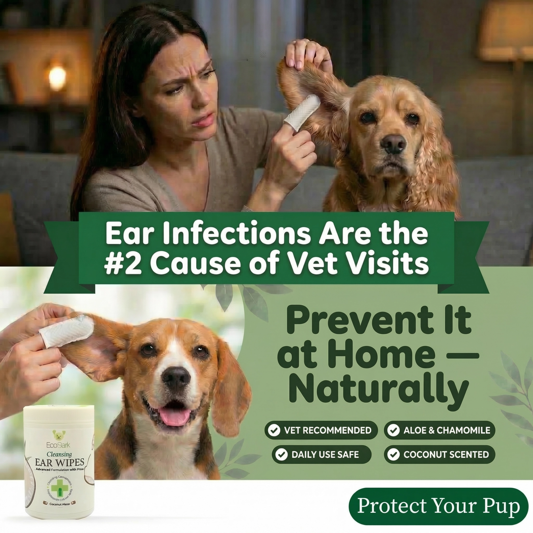 Natural Dog Ear Finger Wipes | EcoBark Coconut Cleansing Ear Wipes for dogs (50 Count)