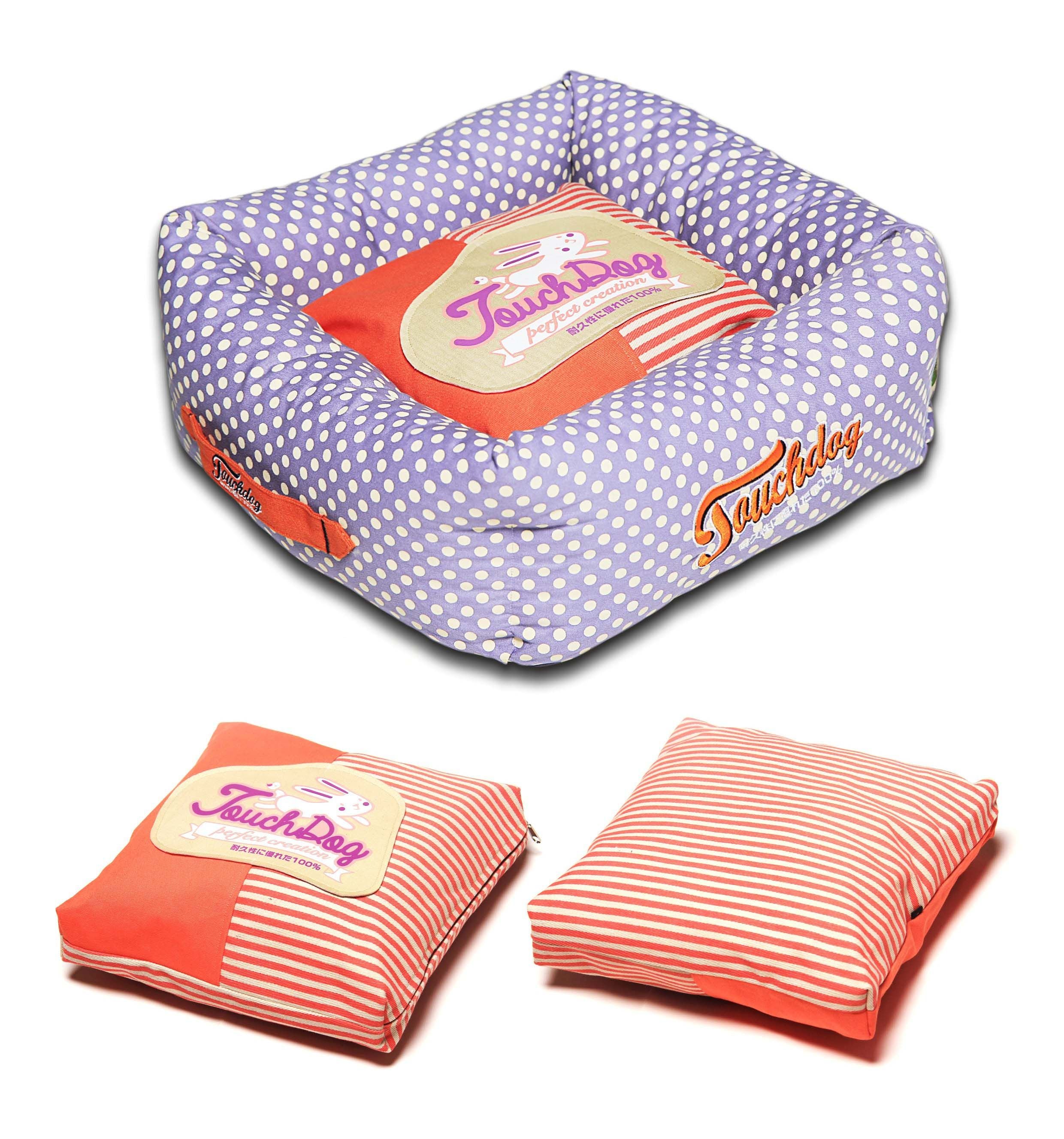 TOUCHDOG 'Polka-Striped' Polo Easy Wash Squared Fashion Designer Pet Dog Bed Lounge, Large, Orange, Lavender