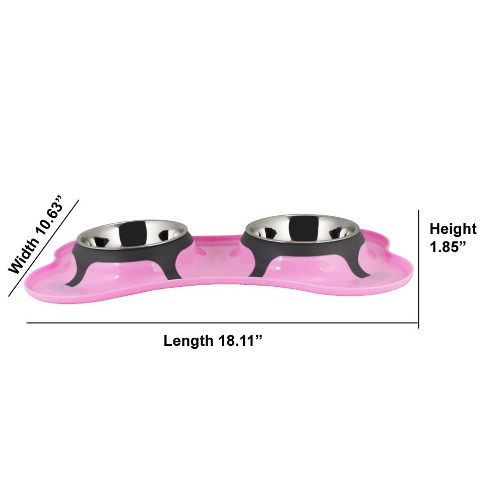 Bone Shaped Plastic Pet Double Diner with Stainless Steel Bowls, Pink and Silver-Set of 2(D0102H7QTGU.)
