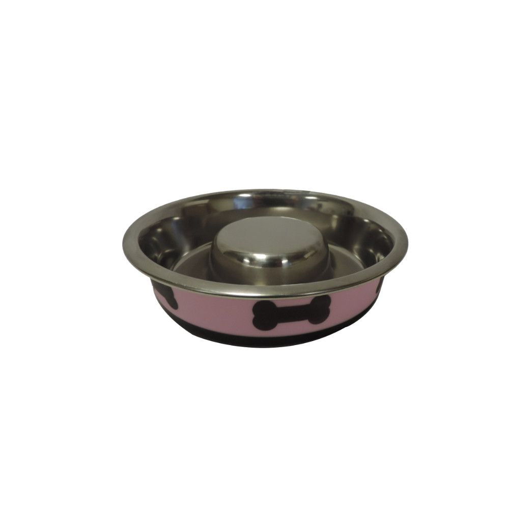 Slow Feeder Spill Proof Pet Bowl with Rubber Base and Bone Design, Pink and Black(D0102H7R6EU.)