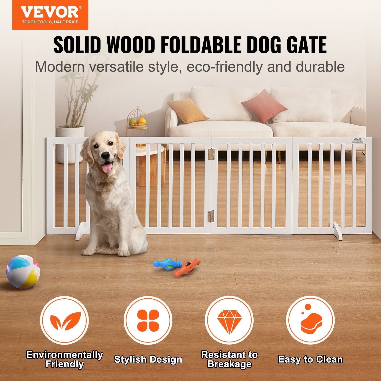 Vevor Free Standing Dog Gate, Wooden Freestanding Pet Gate 24' H X 80' W, 4 Panels Foldable Dog Gate For Wide And Narrow Passageways, Expandable Dog Barrier With Silent Foot Support For Indoor, White