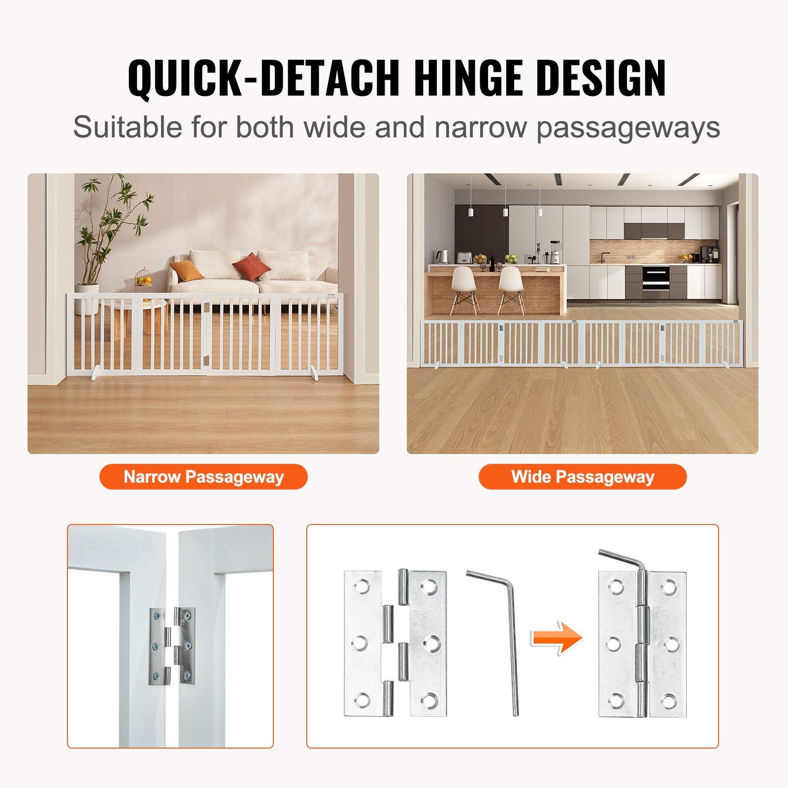 Vevor Free Standing Dog Gate, Wooden Freestanding Pet Gate 24' H X 80' W, 4 Panels Foldable Dog Gate For Wide And Narrow Passageways, Expandable Dog Barrier With Silent Foot Support For Indoor, White