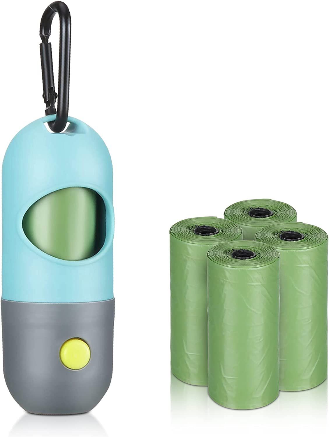 Purevacy Dog Poop Bag Dispenser With 4 Rolls Of 15 Bags In Each. 60 Bags Green Dog Poop Bag Holder With Flashlight For Leash. Dog Bag Dispenser With Carabiner Clip. Poop Bags Holder For Walking