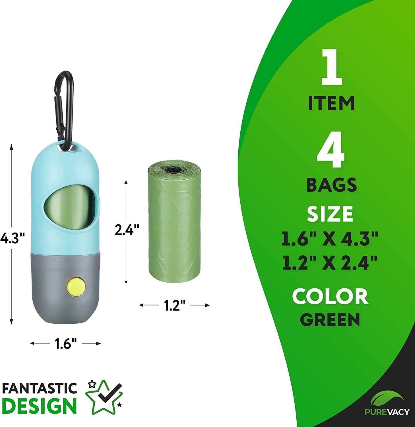 Purevacy Dog Poop Bag Dispenser With 4 Rolls Of 15 Bags In Each. 60 Bags Green Dog Poop Bag Holder With Flashlight For Leash. Dog Bag Dispenser With Carabiner Clip. Poop Bags Holder For Walking
