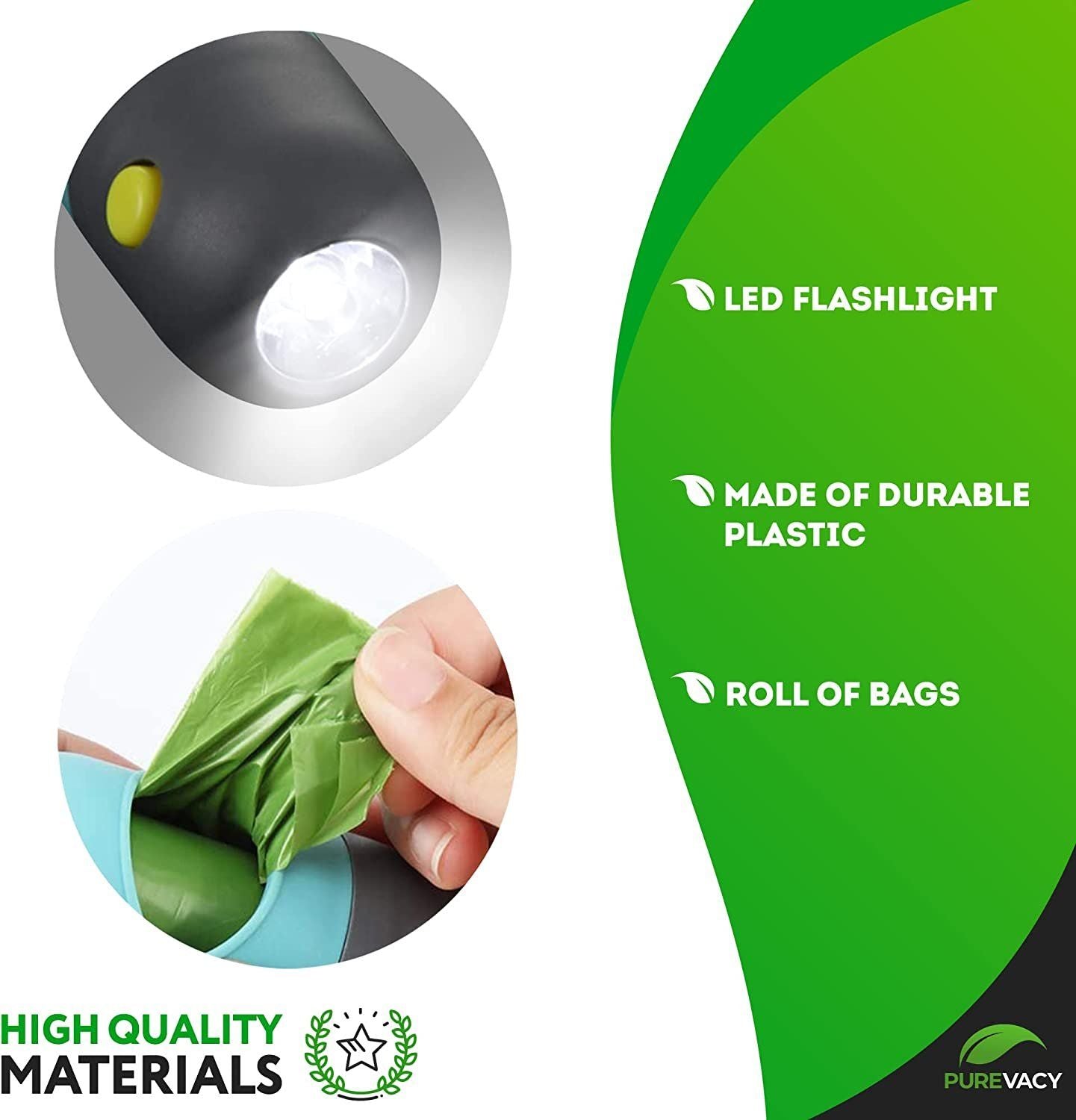 Purevacy Dog Poop Bag Dispenser With 4 Rolls Of 15 Bags In Each. 60 Bags Green Dog Poop Bag Holder With Flashlight For Leash. Dog Bag Dispenser With Carabiner Clip. Poop Bags Holder For Walking