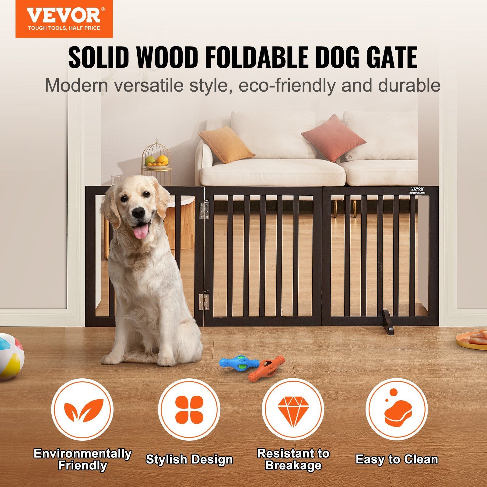 Vevor Free Standing Dog Gate, Wooden Freestanding Pet Gate 24' H X 60' W, 3 Panels Foldable Dog Gate For Wide And Narrow Passageways, Expandable Dog Barrier With Silent Foot Support For Indoor, Brown