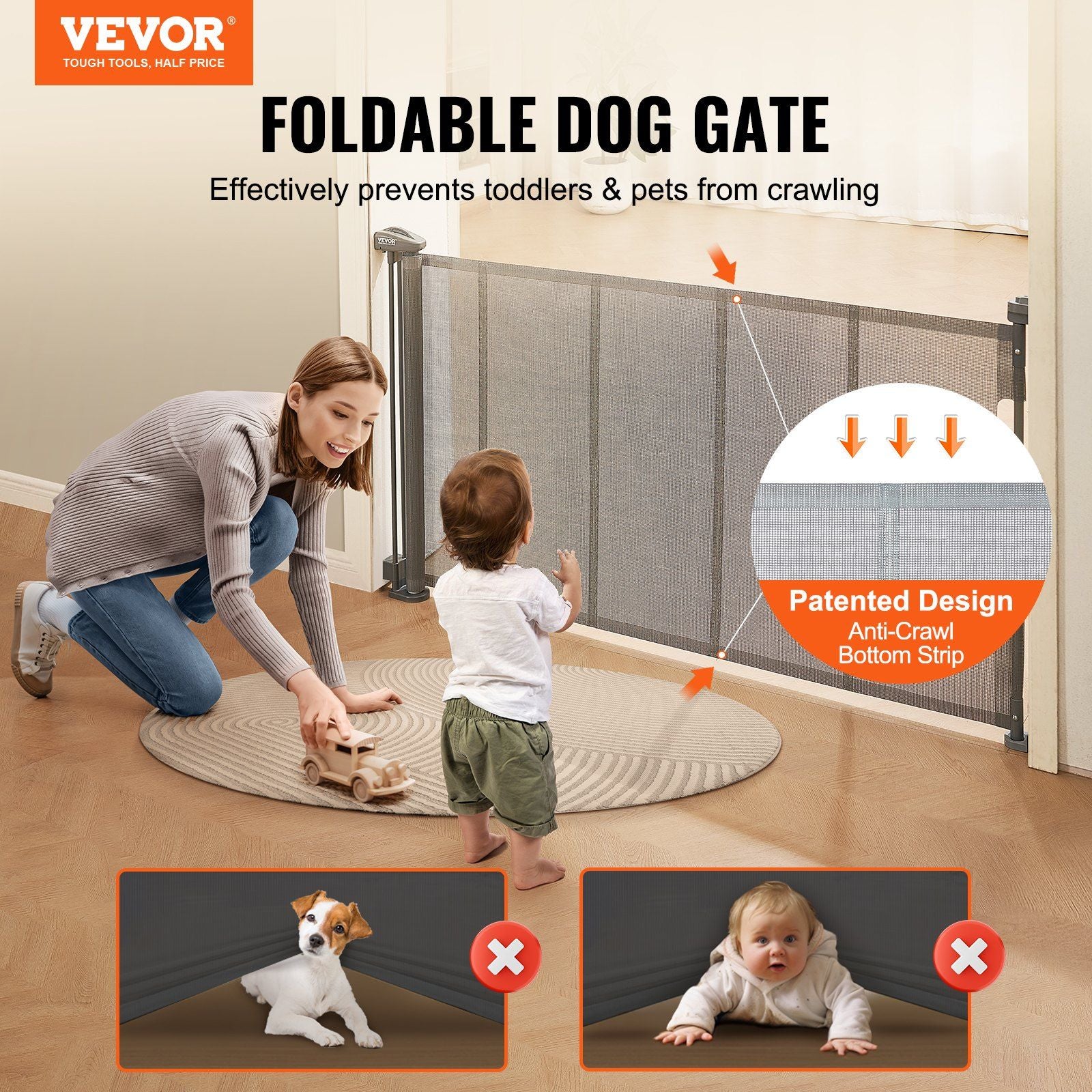 Vevor Retractable Baby Gates For Stairs, Extends Up To 60' Wide, Mesh Dog Gate For The House, 34' Tall Child Safety Gates For Doorways, Hallways, Wide Pet Gate, Cat Gate Indoor & Outdoor, Gray