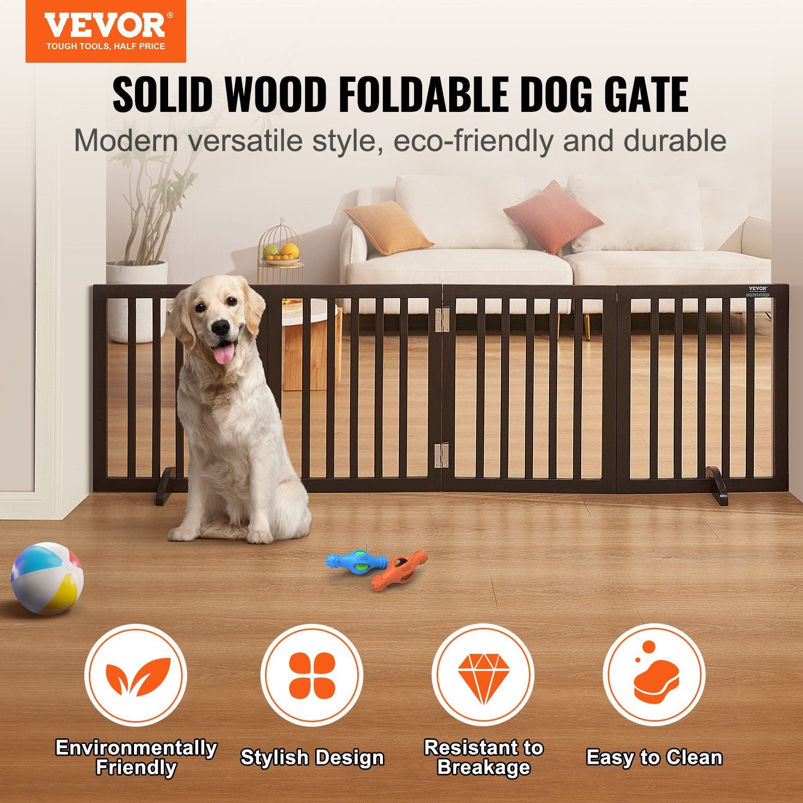Vevor Free Standing Dog Gate, 24' H X 80.3' W Freestanding Pet Gate, 4 Panels Foldable Dog Gate For Wide And Narrow Passageways, Expandable Dog Barrier With Silent Foot Support For Indoor, Brown