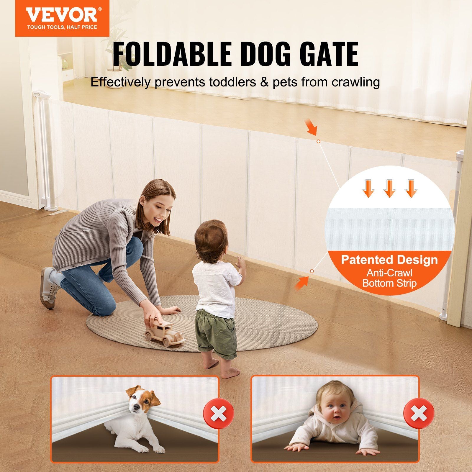 Vevor Retractable Baby Gates For Stairs, Extends Up To 116' Wide, Mesh Dog Gate For The House, 34' Tall Extra Wide Child Safety Gates For Doorways, Hallways, Pet Cat Gate Indoor & Outdoor, White