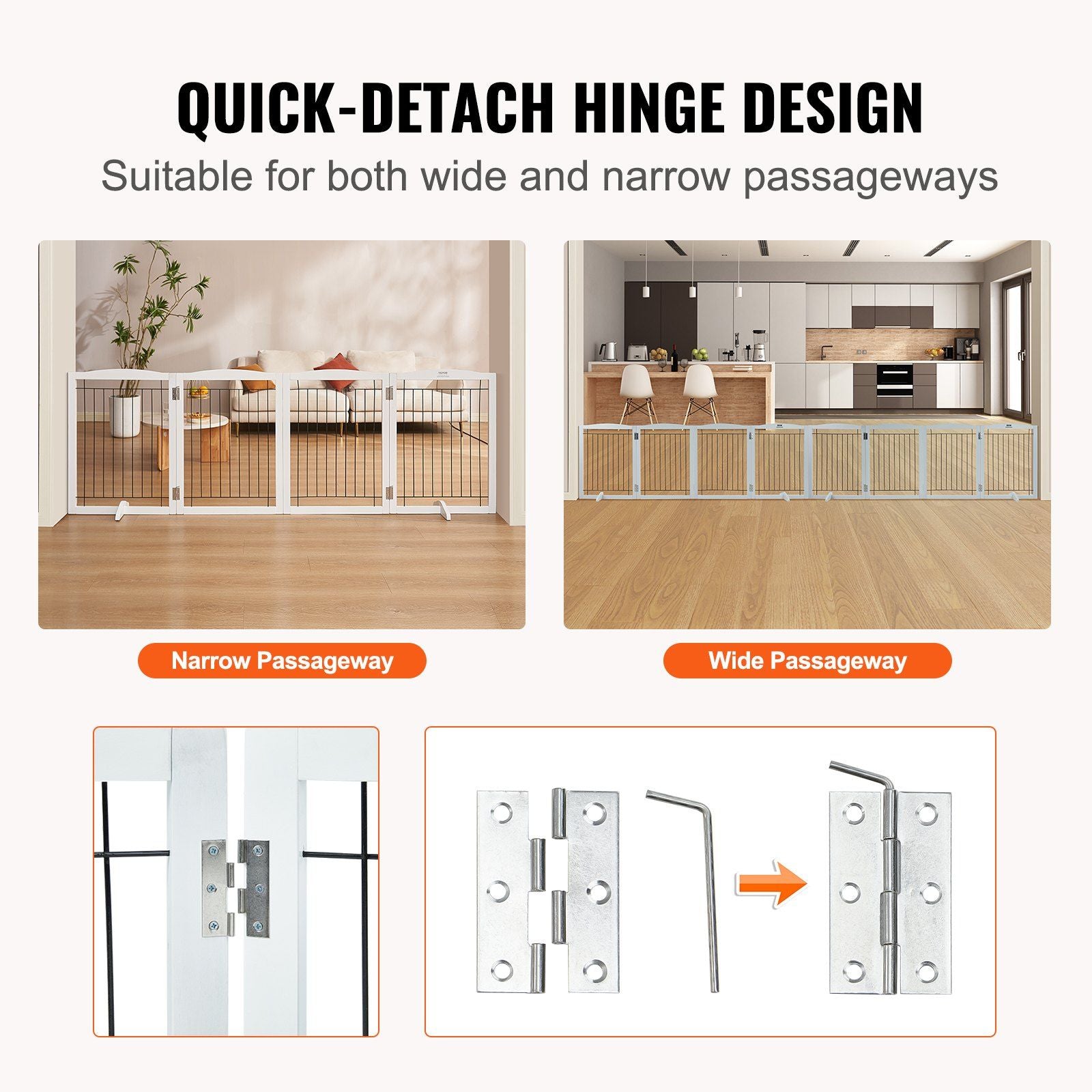 VEVOR Free Standing Dog Gate, 32H x 96W Wooden Pet Barrier, 4 Panel Foldable Dog Gate, Expandable Indoor Gate, White