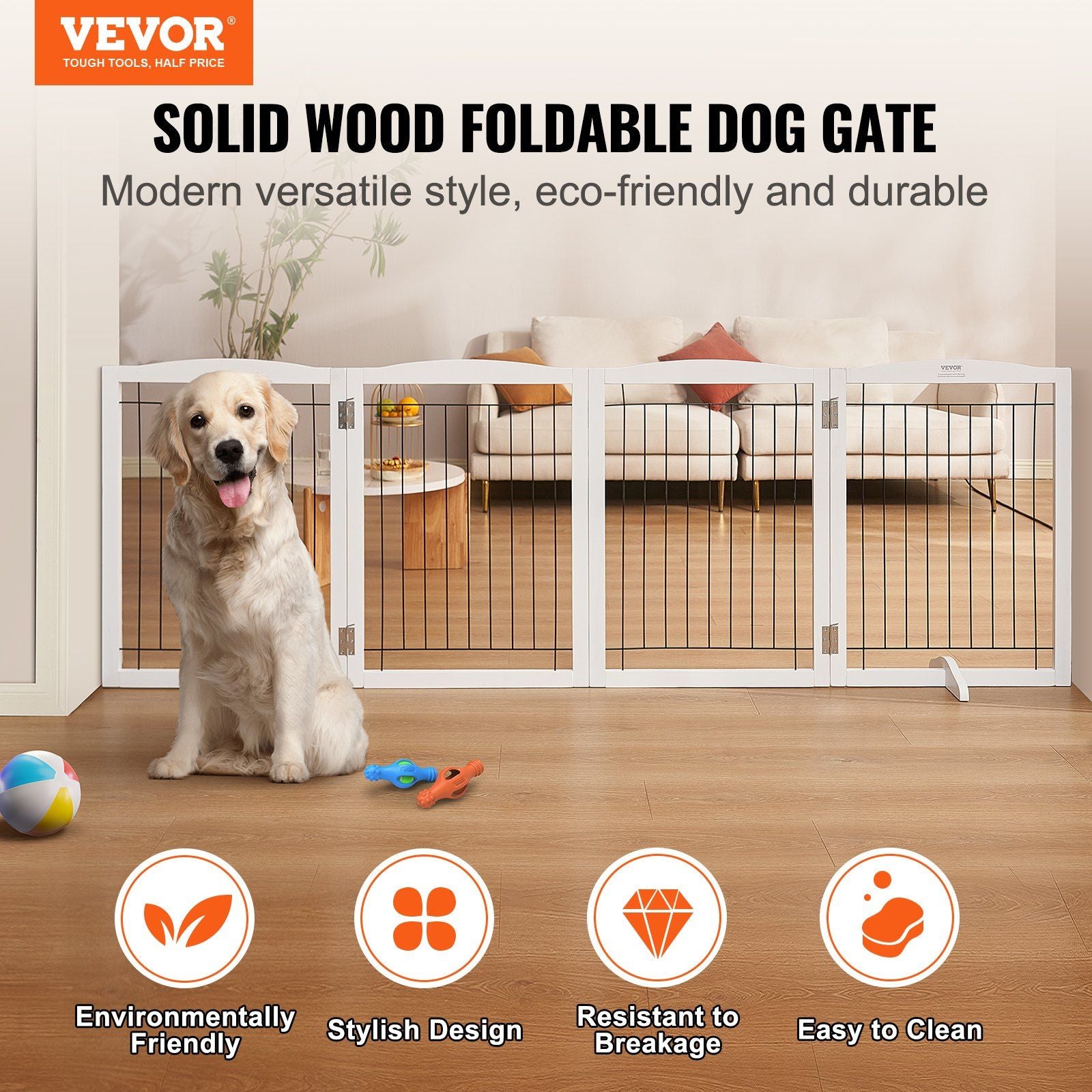 VEVOR Free Standing Dog Gate, 32H x 96W Wooden Pet Barrier, 4 Panel Foldable Dog Gate, Expandable Indoor Gate, White