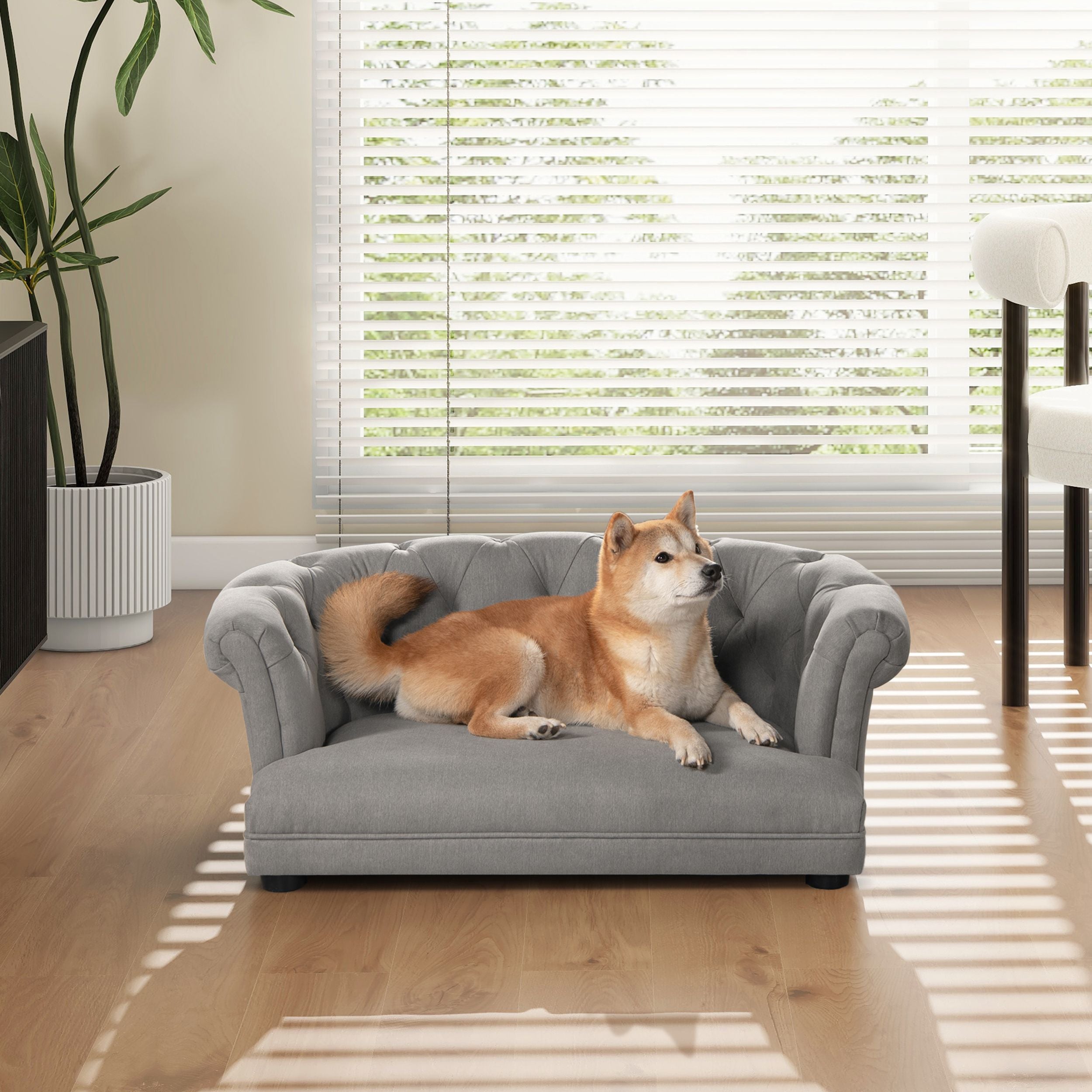 Kiki 36.5 Chesterfield Dog Sofa Bed, Medium, Uptown Gray Stain Resistant High Performance Polyester