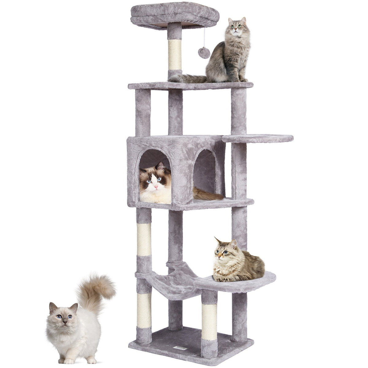 VEVOR Cat Tree 60.6 Cat Tower with Cat Condo Sisal Scratching Post Light Grey
