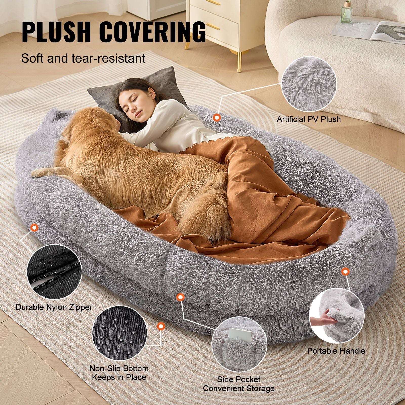 Vevor Human Dog Bed, 72'X48'X10' Giant Human Dog Bed For Adult, Human Size Dog Bed With Washable Pv Velvet Cover, Egg Orthopedic Foam, Storage Pocket, Large Dog Bean Bed For You And Pet, Light Grey
