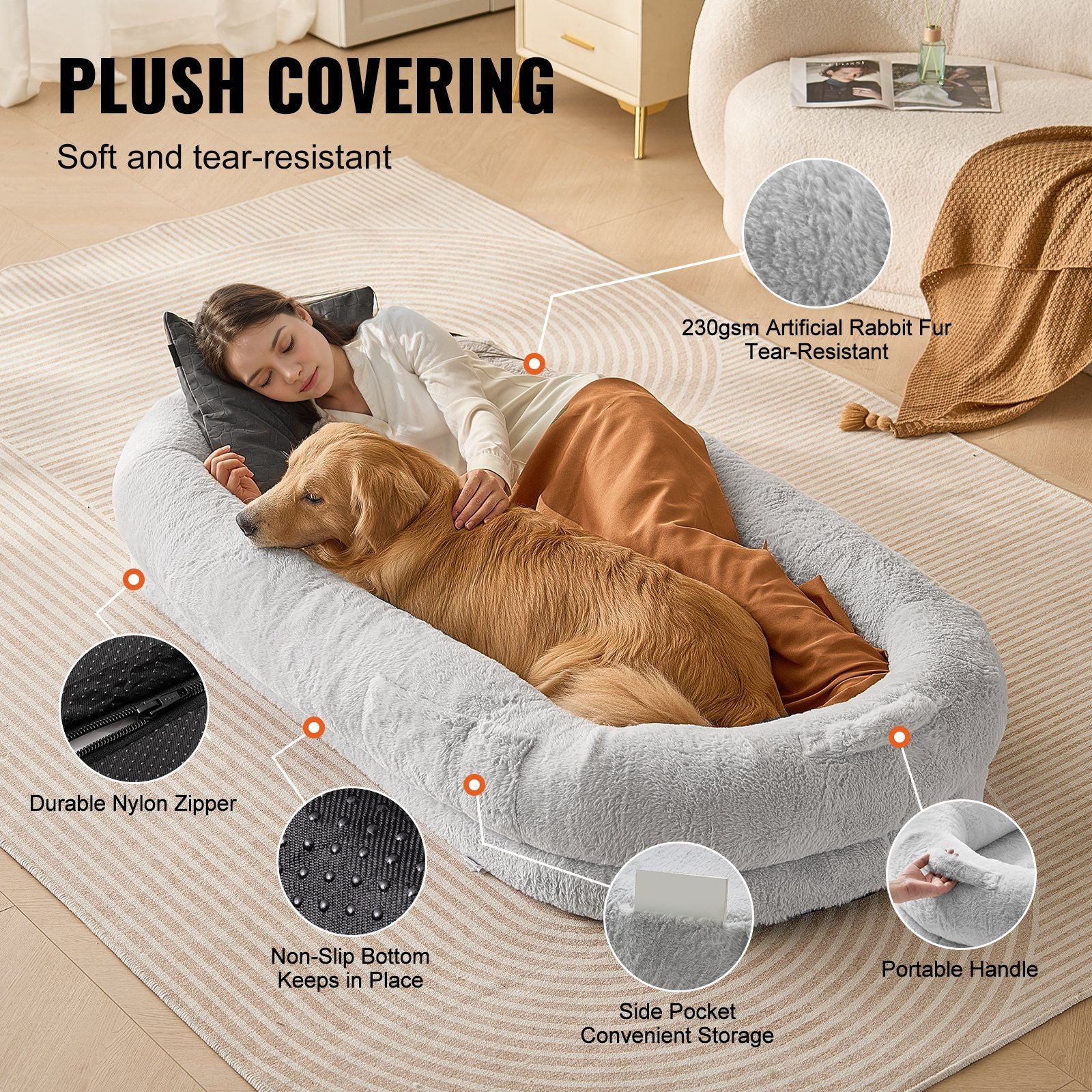 Vevor Human Dog Bed, 67.7'X35'X9.8' Human Dog Bed For Adult, Human Size Dog Bed With Washable Faux Rabbit Fur Cover, Egg Orthopedic Foam, Storage Pocket, Large Dog Bean Bed, Light Grey