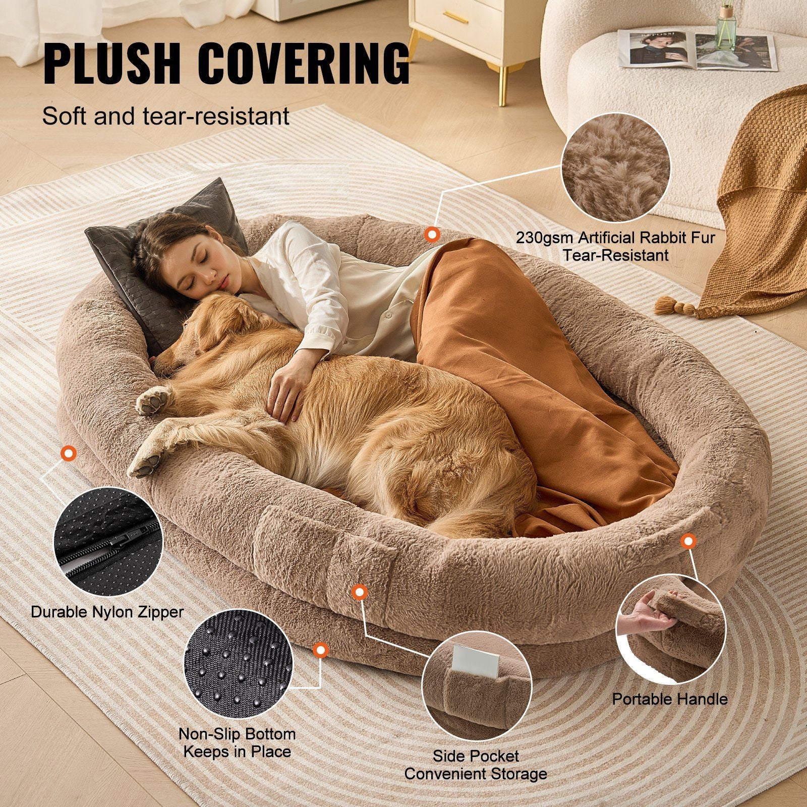 Vevor Human Dog Bed, 72'X48'X10' Human Dog Bed For Adult, Human Size Dog Bed With Washable Faux Rabbit Fur Cover, Egg Orthopedic Foam, Storage Pocket, Large Dog Bean Bed, Brown