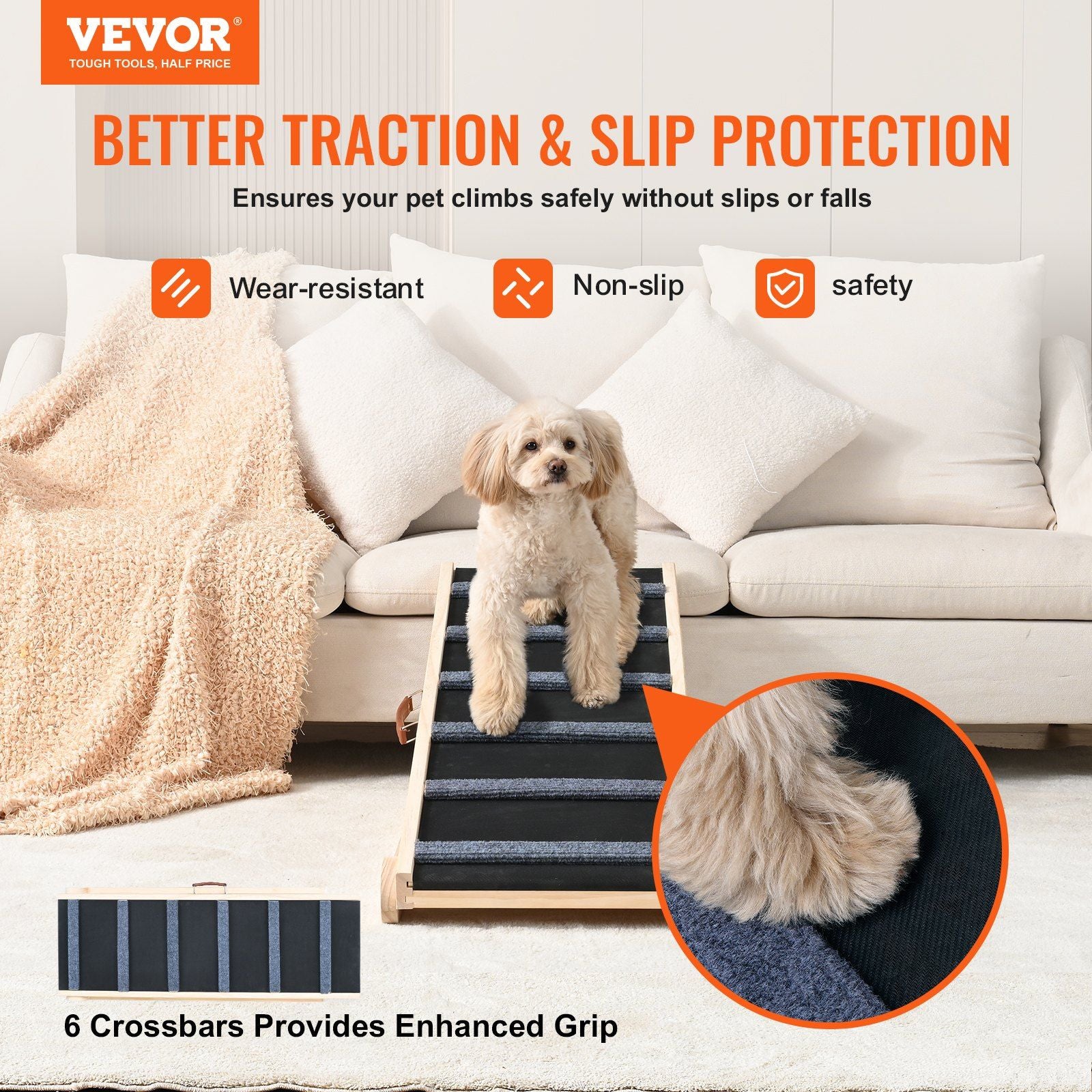 Vevor Dog Ramp, Folding Pet Ramp For Bed, Adjustable Dog Ramp For Small, Large, Old Dogs & Cats, Wooden Pet Ramp With 41.3' Long Ramp, Adjustable From 13.77' To 25.59', Suitable For Couch, Sofa, Car