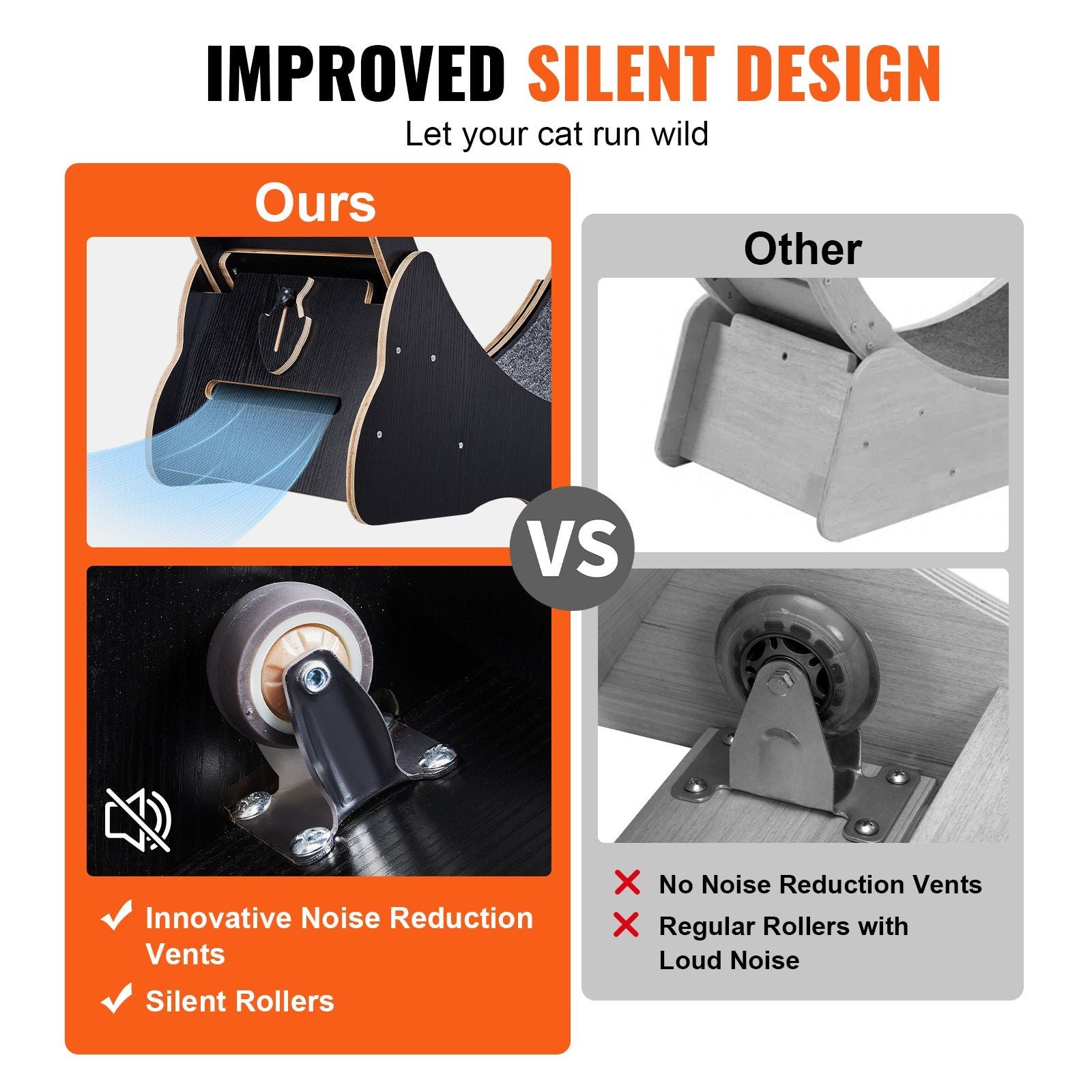 VEVOR 43.3 Cat Wheel Exerciser - Black Indoor Treadmill for Cats, Ultra Low Noise & Detachable Carpet for Fitness & Health