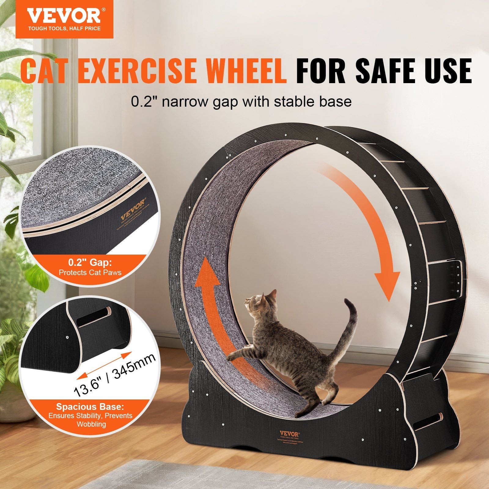 VEVOR 43.3 Cat Wheel Exerciser - Black Indoor Treadmill for Cats, Ultra Low Noise & Detachable Carpet for Fitness & Health