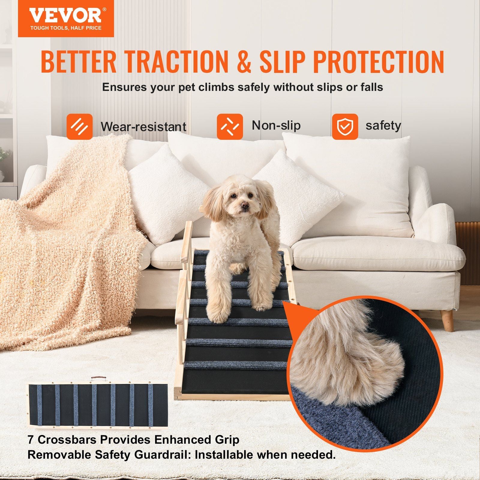 Vevor Dog Ramp, Folding Pet Ramp For Bed, Adjustable Dog Ramp For Small, Large, Old Dogs & Cats, Wooden Pet Ramp With 47.2' Long Ramp, Adjustable From 13.8' To 27.6', Suitable For Couch, Sofa, Car