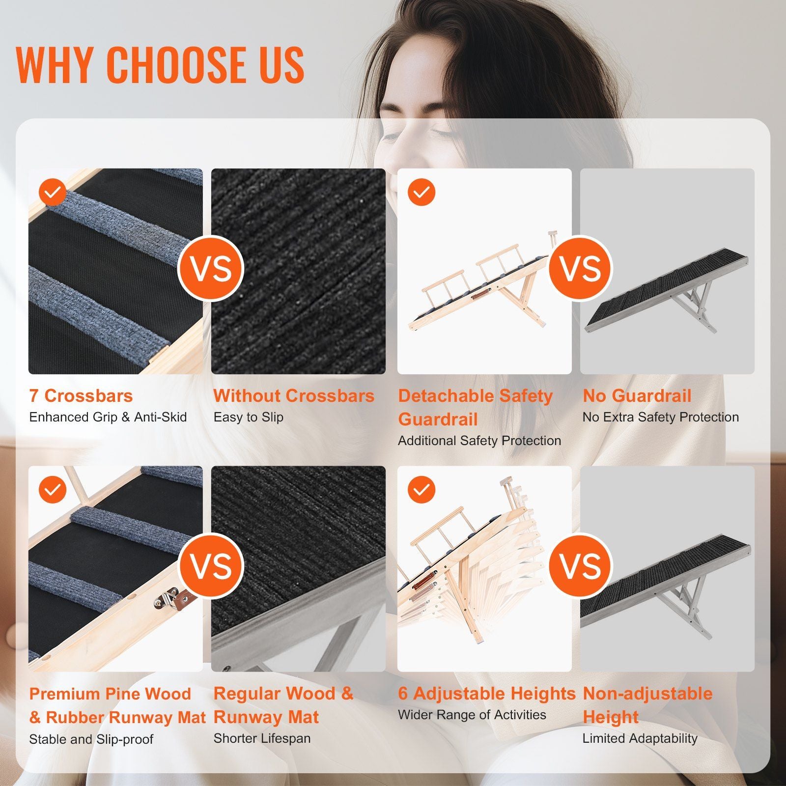 Vevor Dog Ramp, Folding Pet Ramp For Bed, Adjustable Dog Ramp For Small, Large, Old Dogs & Cats, Wooden Pet Ramp With 47.2' Long Ramp, Adjustable From 13.8' To 27.6', Suitable For Couch, Sofa, Car