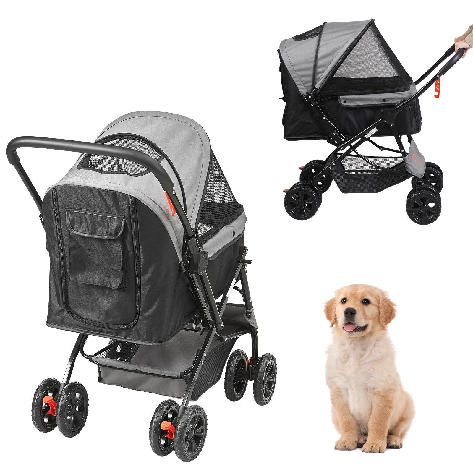 VEVOR Pet Stroller, 4 Wheels Dog Stroller Rotate with Brakes, 44lbs Weight Capacity, Puppy Stroller with Reversible Handlebar, S