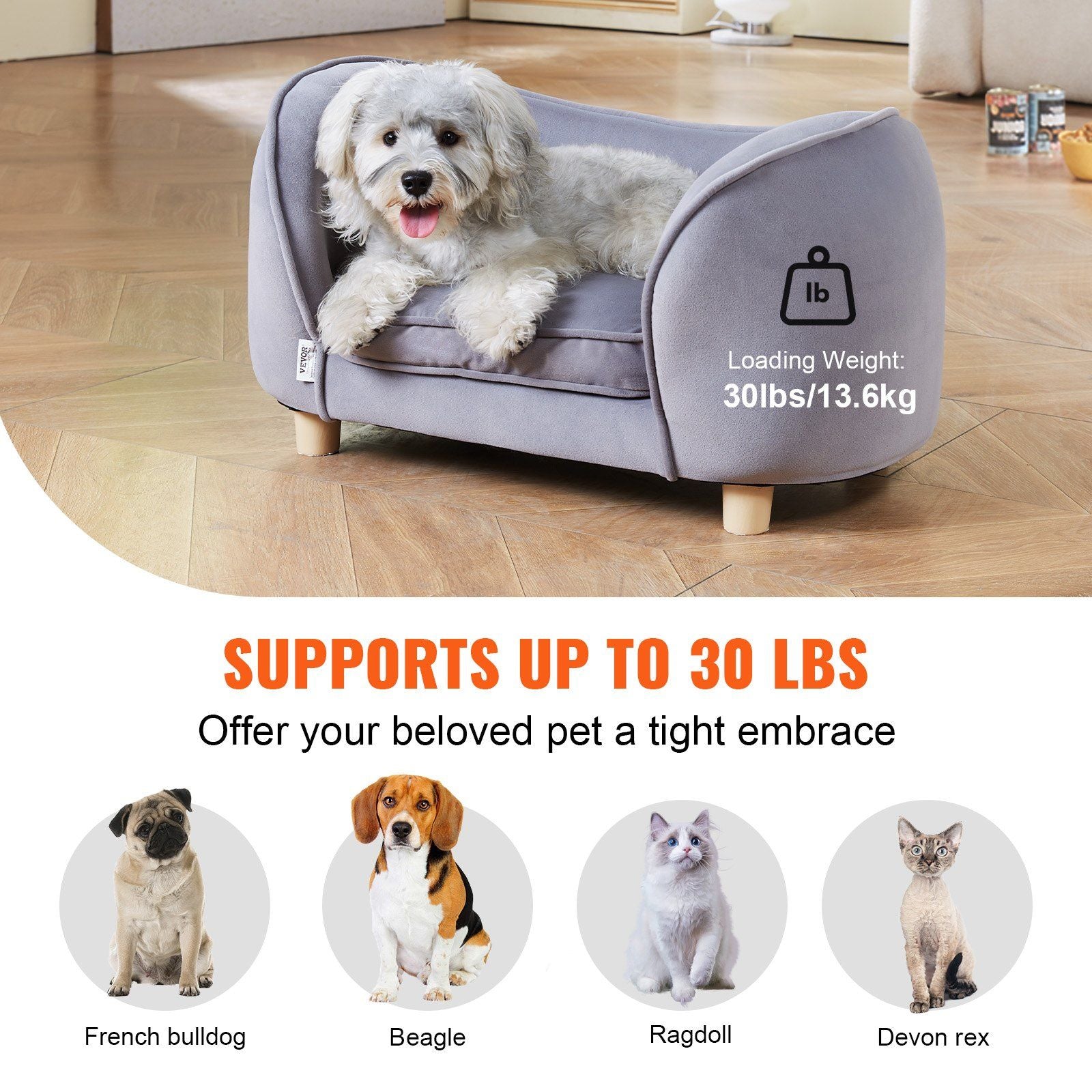 Vevor Pet Sofa, Dog Couch For Small Dogs And Cats, Soft Velvety Dog Sofa Bed, 30 Lbs Loading Cat Sofa, Dark Grey
