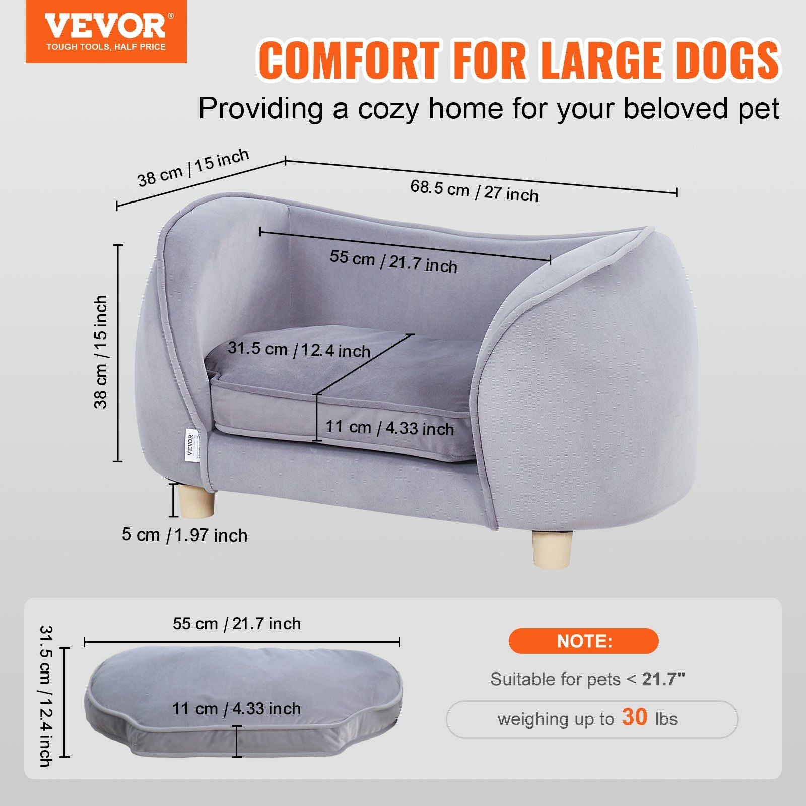 Vevor Pet Sofa, Dog Couch For Small Dogs And Cats, Soft Velvety Dog Sofa Bed, 30 Lbs Loading Cat Sofa, Dark Grey
